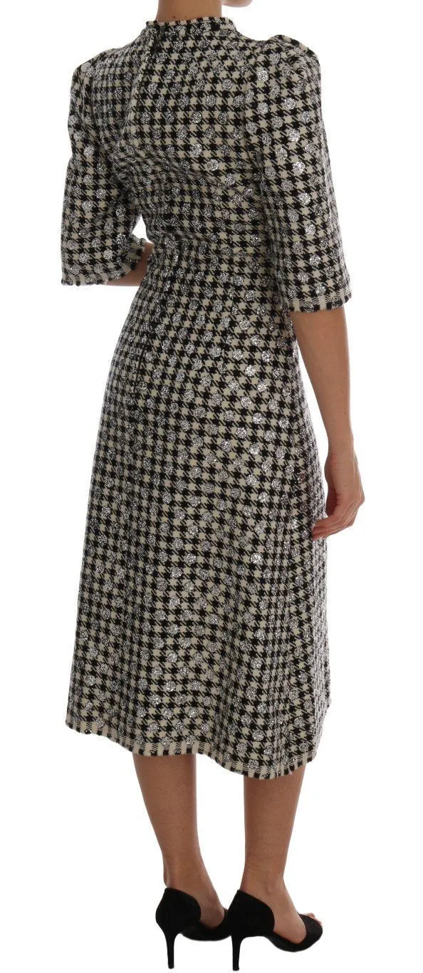 Black White Sequined Sheath Wool Dress