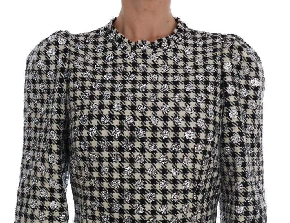 Black White Sequined Sheath Wool Dress