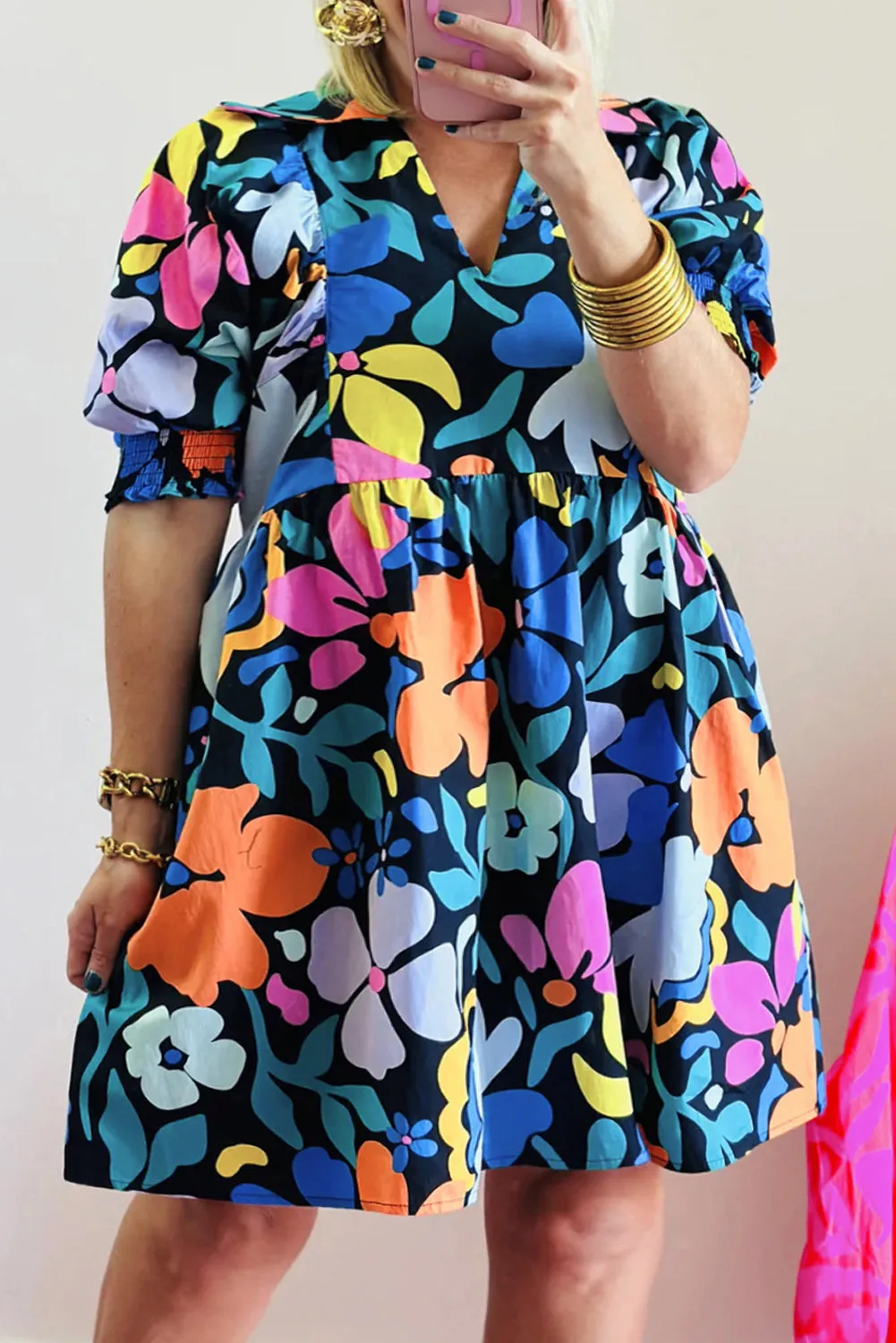 Blue Collared Split Neck Floral Flared Dress