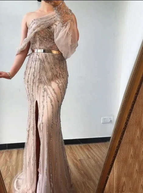 Blue Dubai One Shouder Sexy Rhinestones Prom Dresses