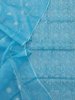Blue Hand Embroided Kota Doria Suit With Dupatta