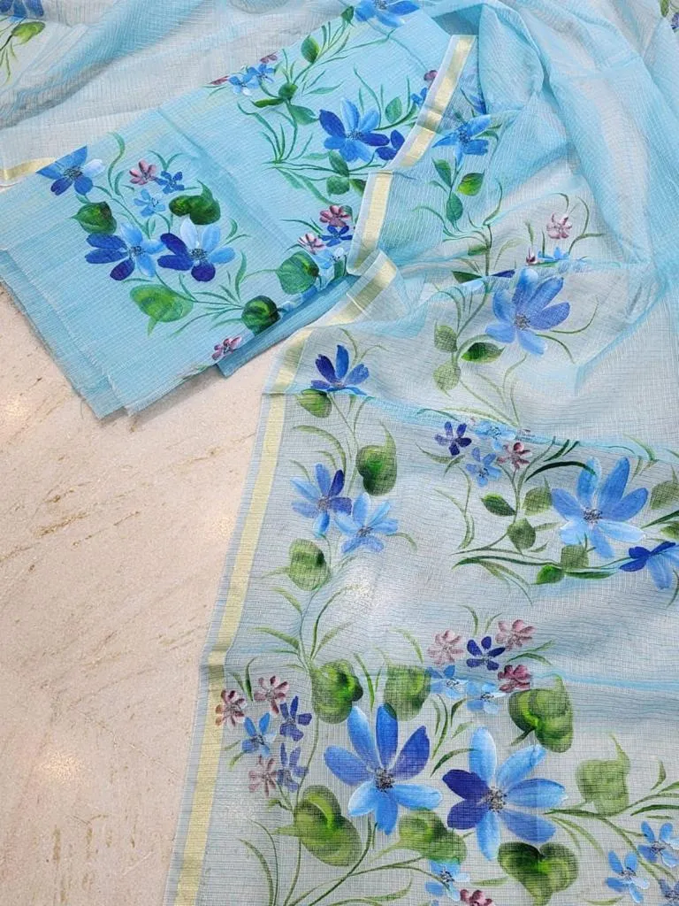 Blue Hand Painted Kota Doria Suit With Dupatta