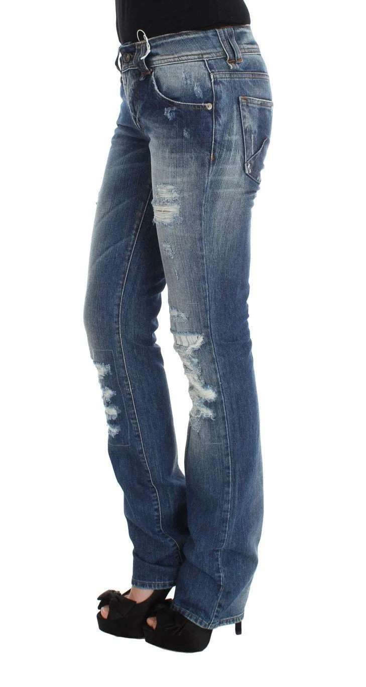 Blue Wash Cotton Blend Slim Fit Bootcut Jeans