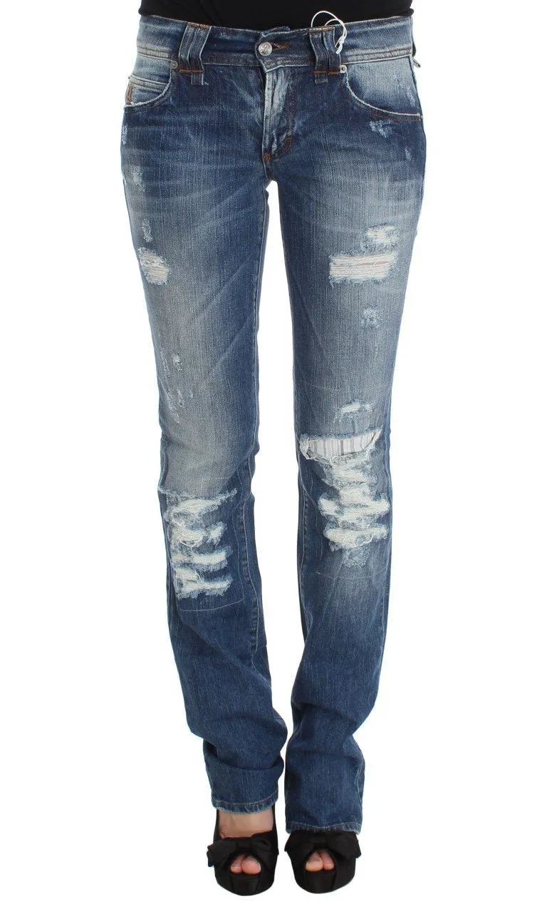 Blue Wash Cotton Blend Slim Fit Bootcut Jeans