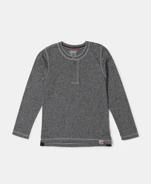 Boy's Super Combed Cotton Rich Graphic Printed Full Sleeve Henley T-Shirt - Black Grindle