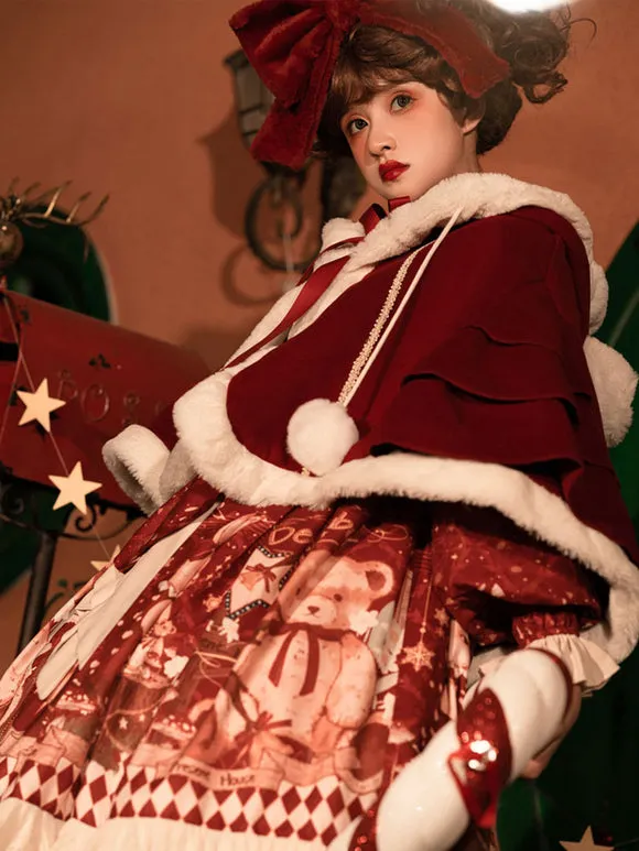 Burgundy Lolita Coats Poncho Pom Poms Color Block Cloak Polyester Sweet Lolita Outwears