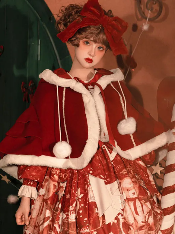 Burgundy Lolita Coats Poncho Pom Poms Color Block Cloak Polyester Sweet Lolita Outwears