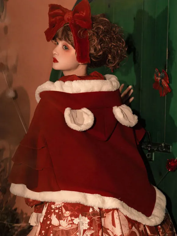 Burgundy Lolita Coats Poncho Pom Poms Color Block Cloak Polyester Sweet Lolita Outwears