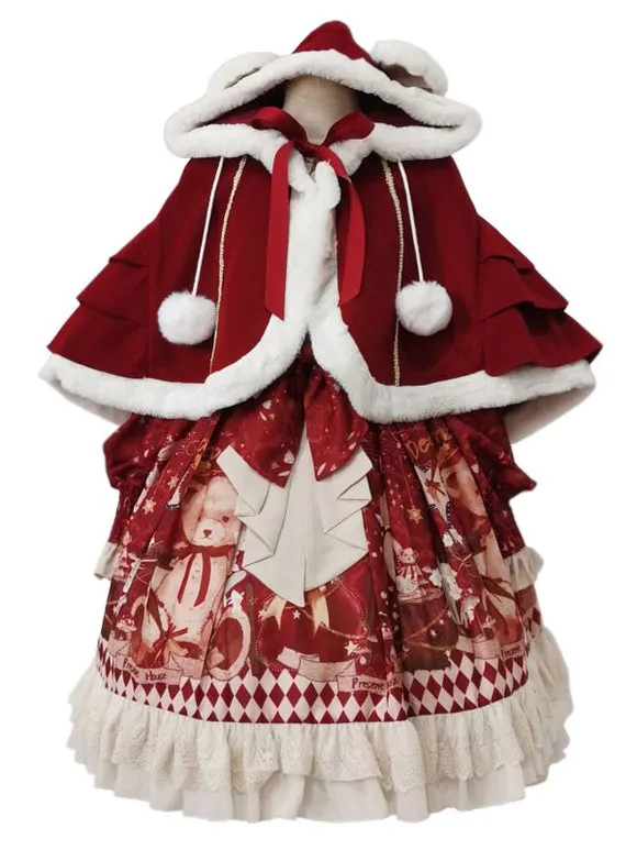 Burgundy Lolita Coats Poncho Pom Poms Color Block Cloak Polyester Sweet Lolita Outwears