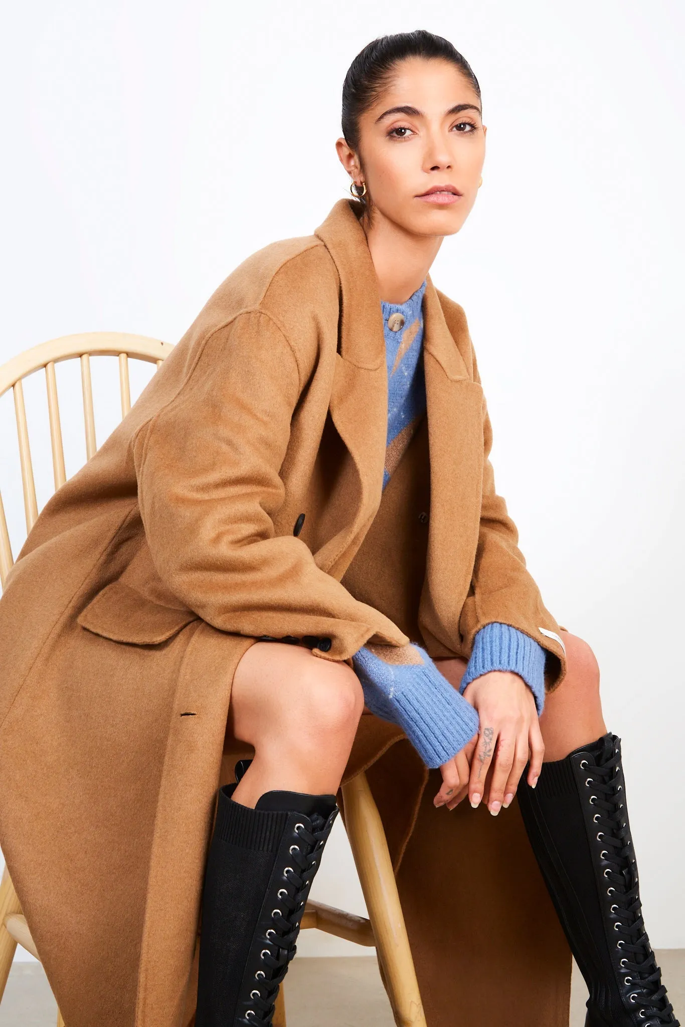 Camel double breasted cocoon coat