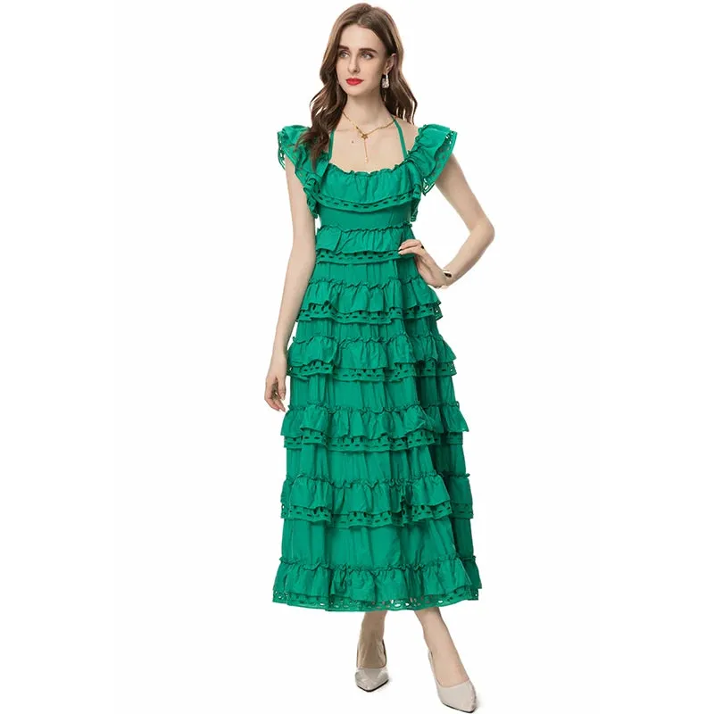Carmen Slash Neck Short  Sleeve Flounced Edge Hollow Out High Street Lace-UP Dress
