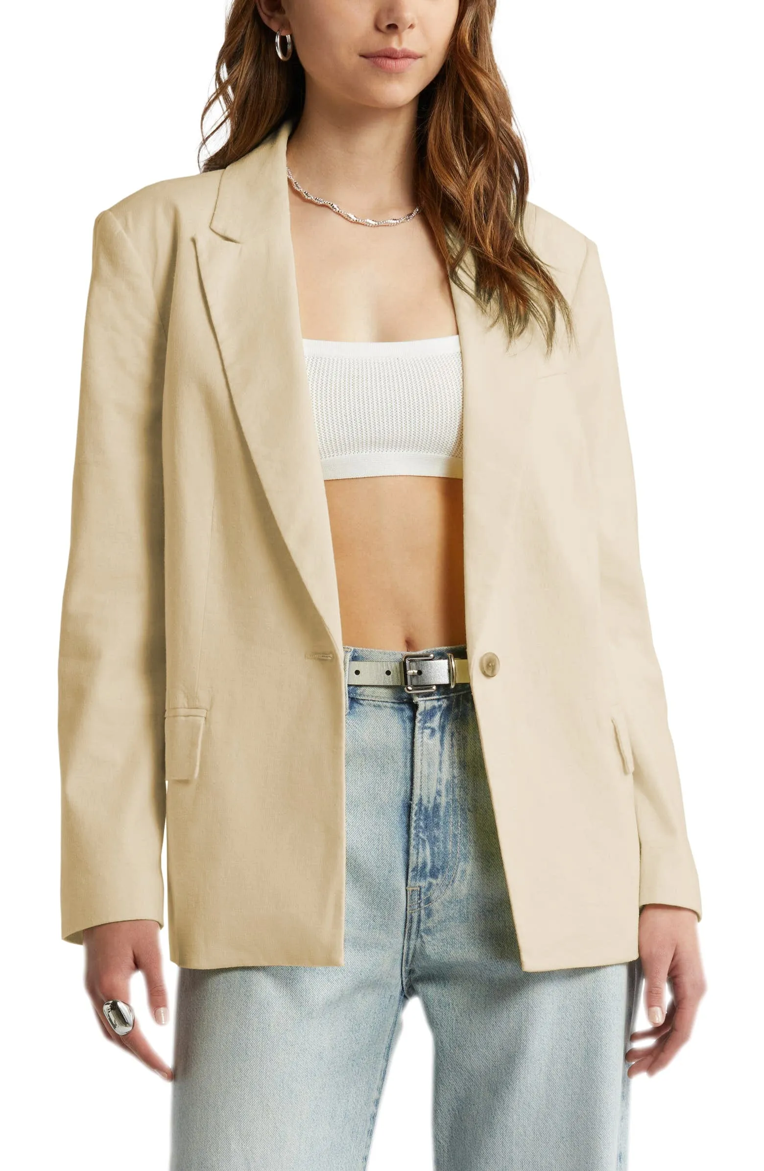 Casual Linen Peak Lapel Single Buttons Womens Blazer