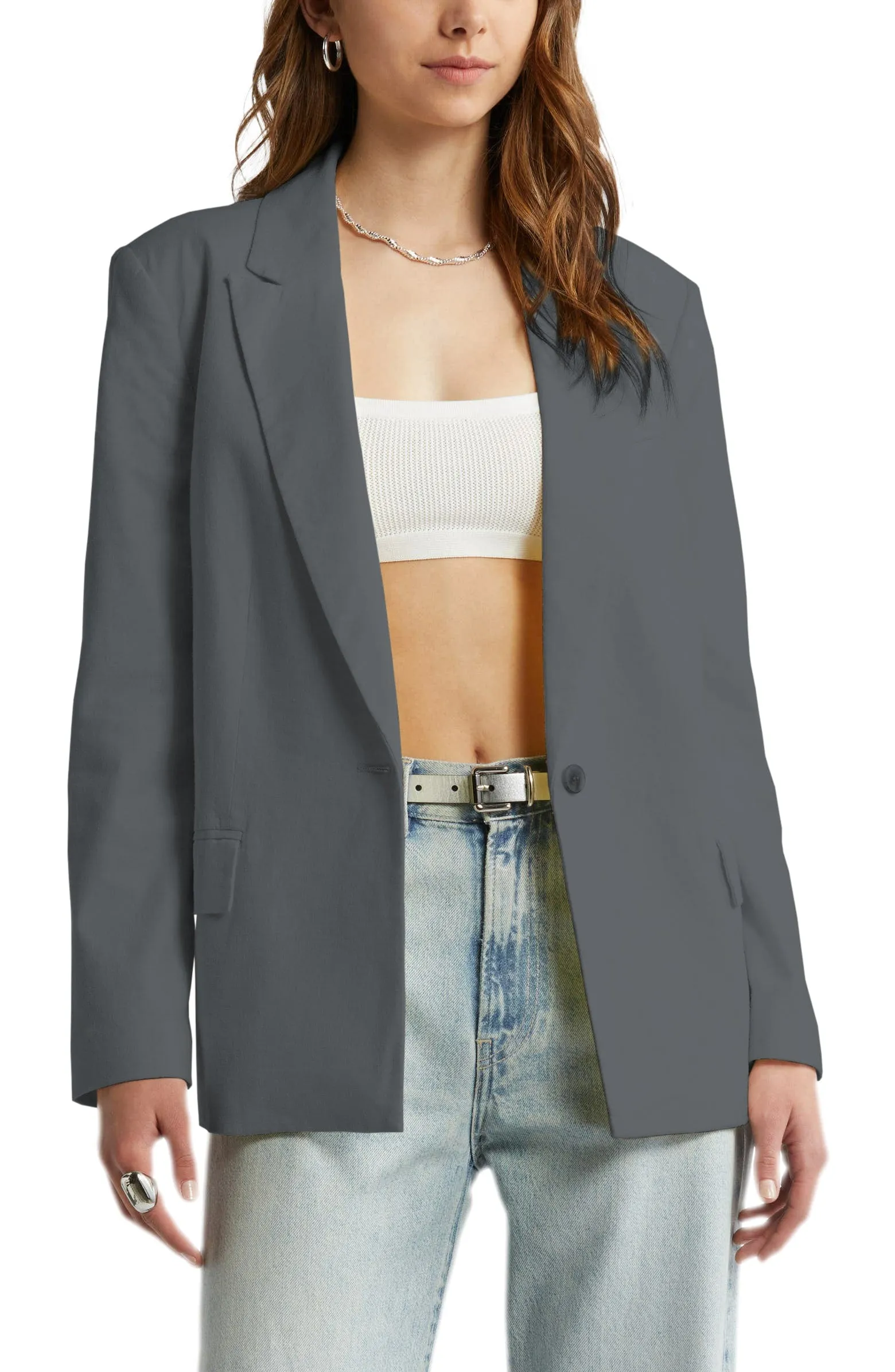 Casual Linen Peak Lapel Single Buttons Womens Blazer