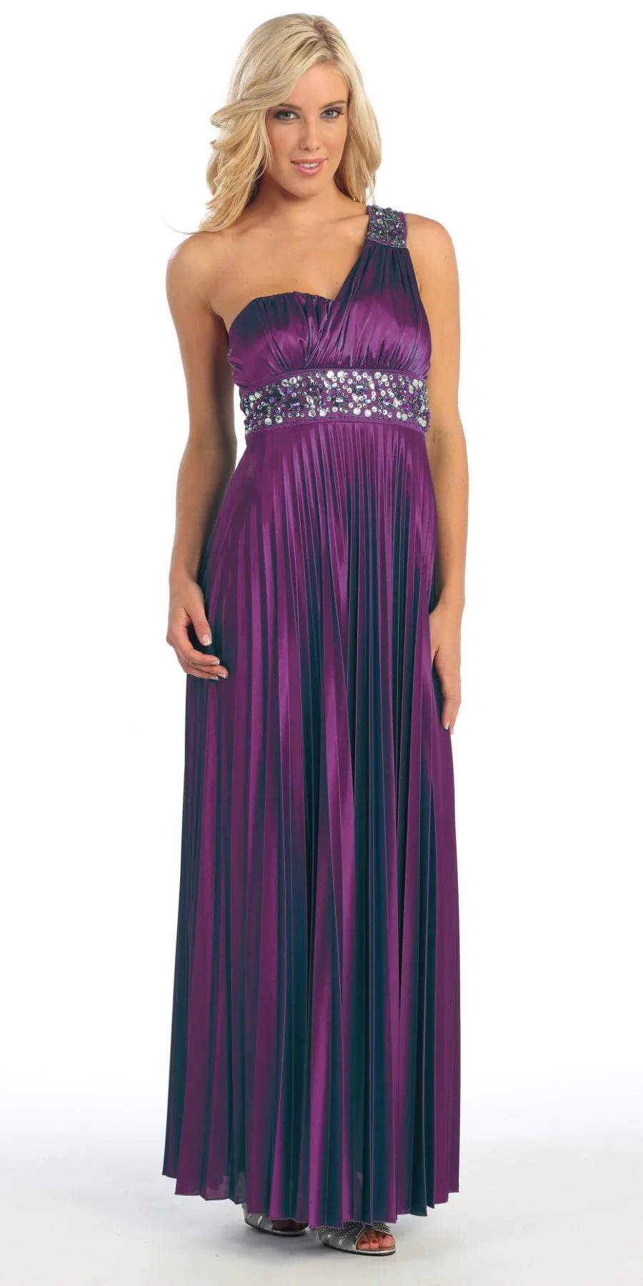 Celavie 2318 Greek One Shoulder Dress Pleated Empire Rhinestones