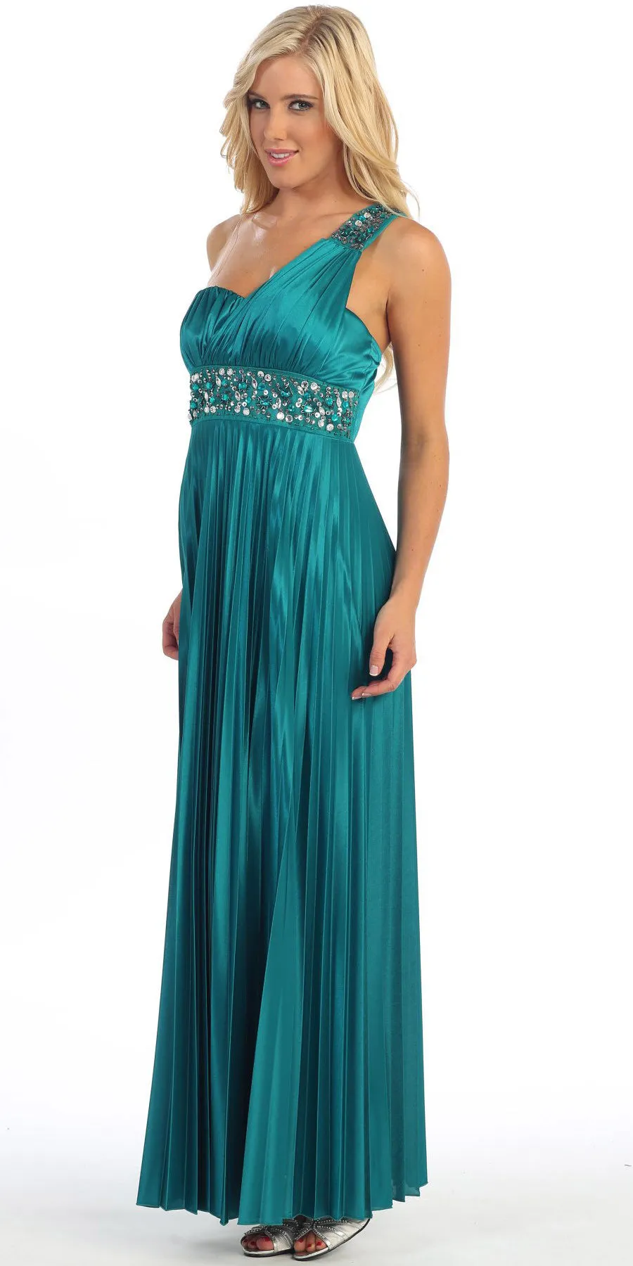 Celavie 2318 Greek One Shoulder Dress Pleated Empire Rhinestones