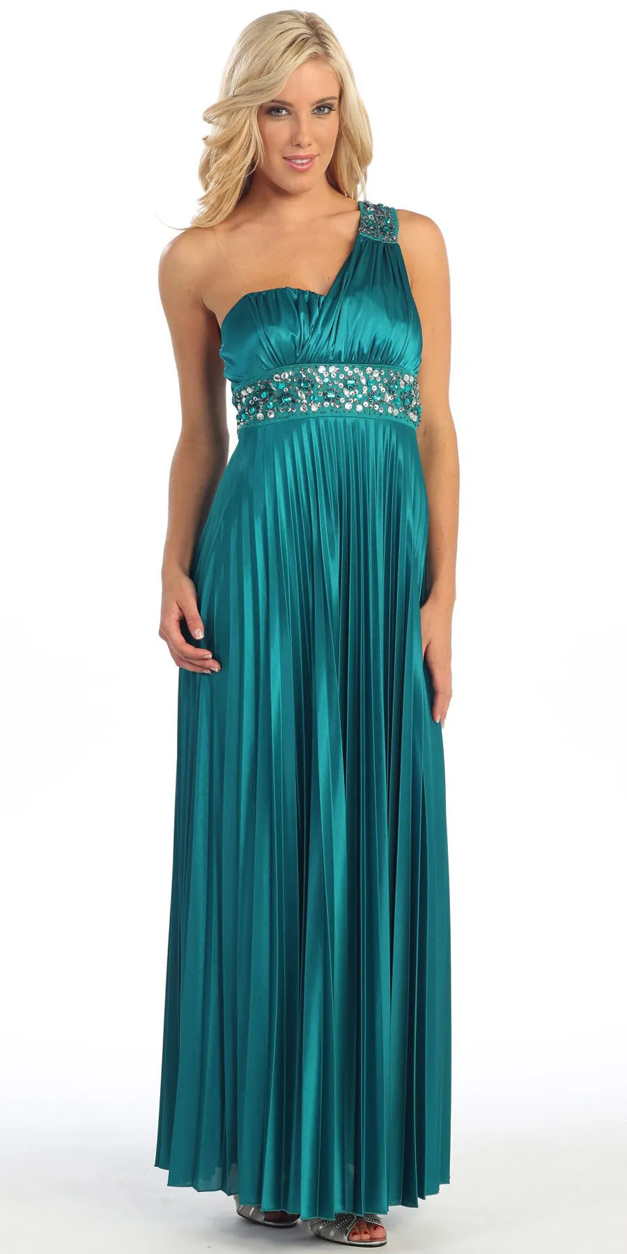 Celavie 2318 Greek One Shoulder Dress Pleated Empire Rhinestones