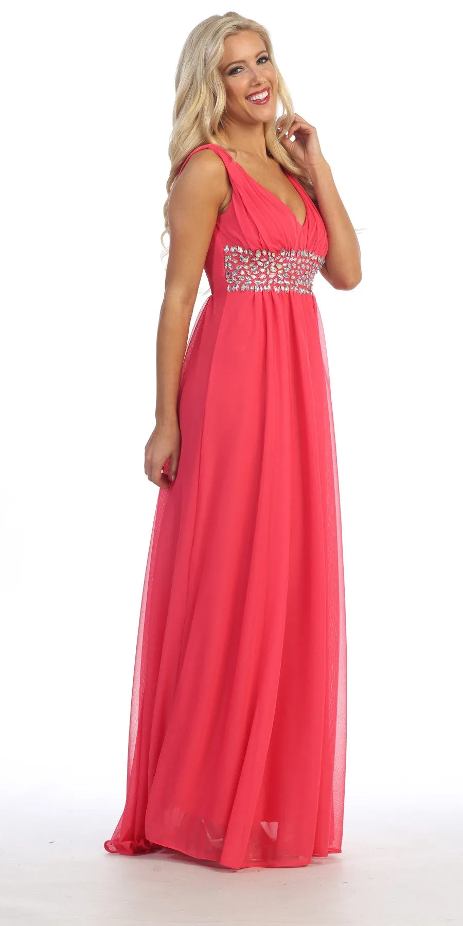 Celavie 7003 V-Neck Empire Waist Dress Long Chiffon A-Line
