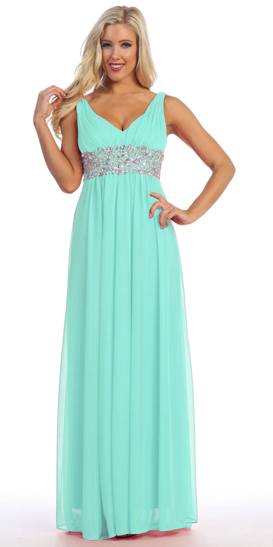 Celavie 7003 V-Neck Empire Waist Dress Long Chiffon A-Line