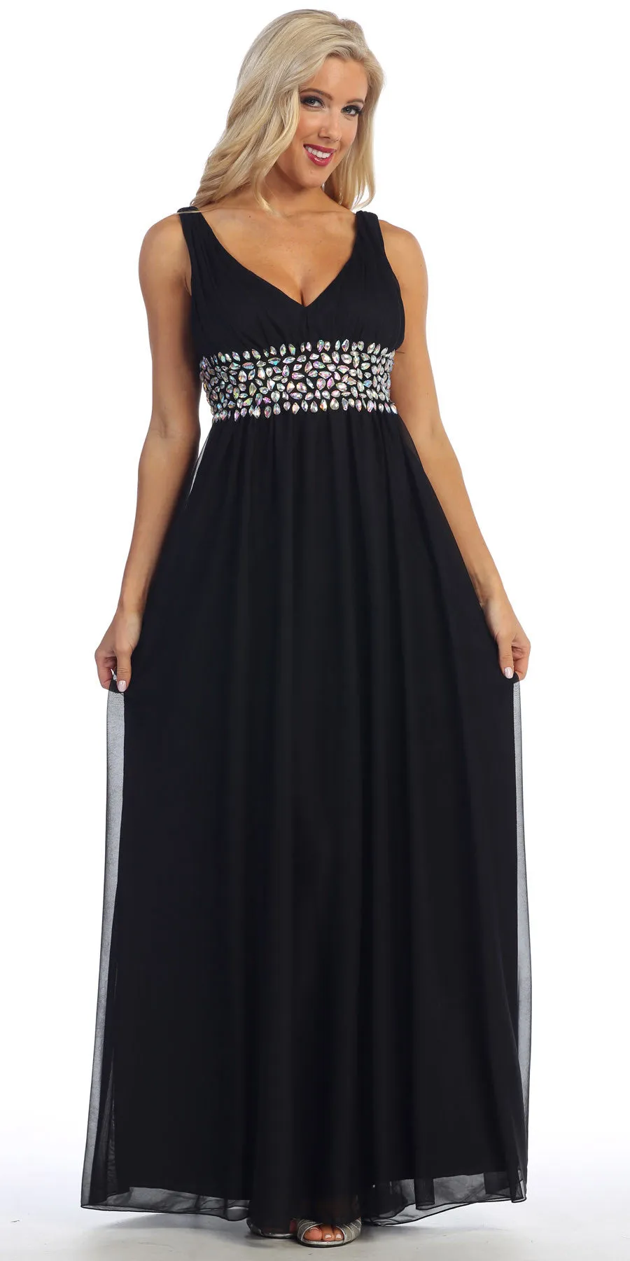 Celavie 7003 V-Neck Empire Waist Dress Long Chiffon A-Line