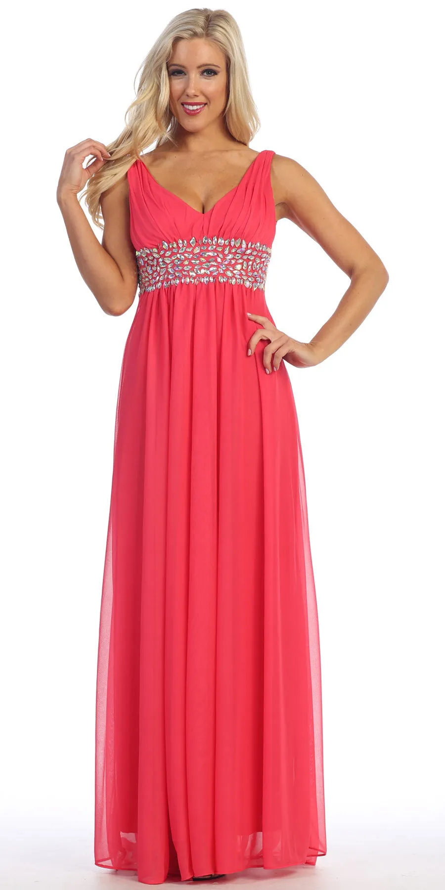 Celavie 7003 V-Neck Empire Waist Dress Long Chiffon A-Line