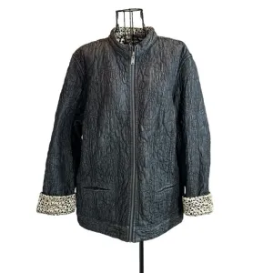 Chico's Reversible Quilted Gray Denim/Cheetah Print Jacket Size 3 (L/XL)