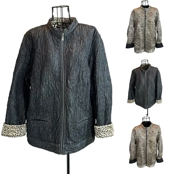 Chico's Reversible Quilted Gray Denim/Cheetah Print Jacket Size 3 (L/XL)