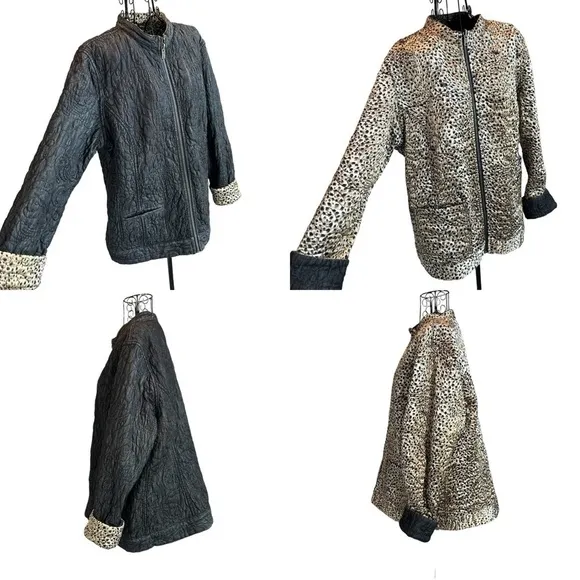 Chico's Reversible Quilted Gray Denim/Cheetah Print Jacket Size 3 (L/XL)