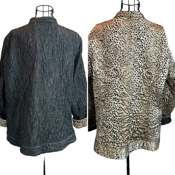 Chico's Reversible Quilted Gray Denim/Cheetah Print Jacket Size 3 (L/XL)