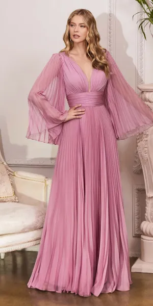 Cinderella Divine CD242 Pleated Chiffon Long Sleeve Gown