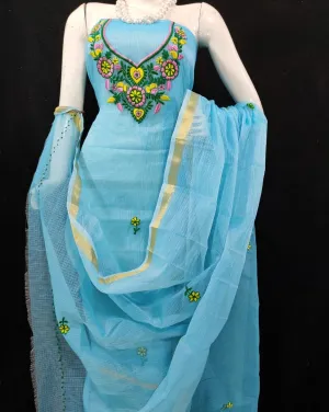 Classic Kota Doriya Embroidery Work Suit In Sky Blue