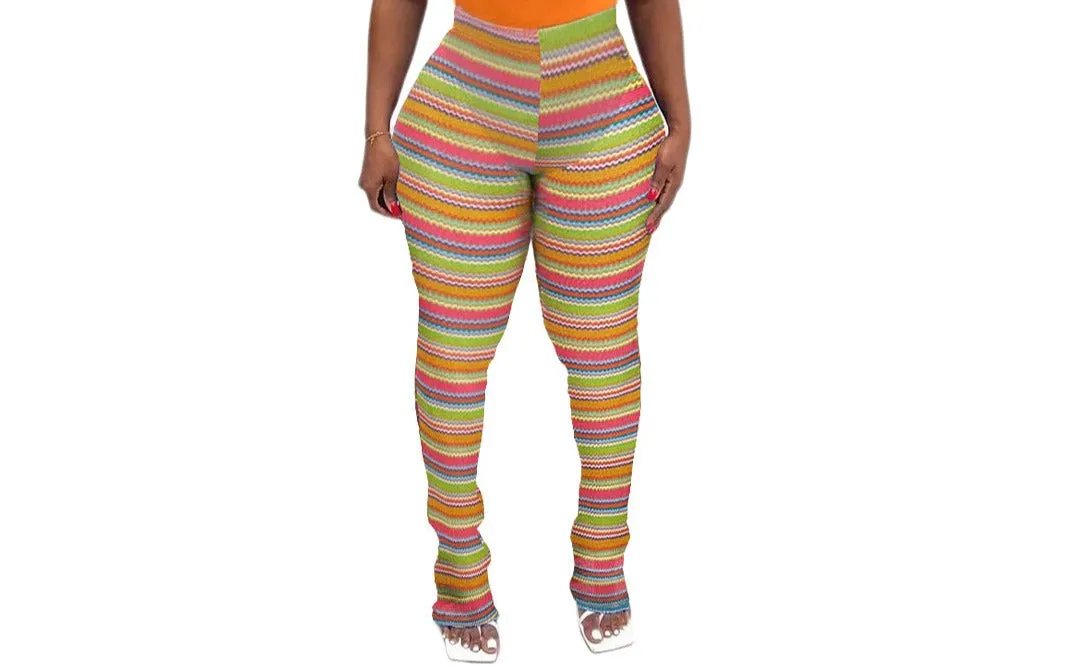Color Striped Knit Hollow Jacquard Flared Pants
