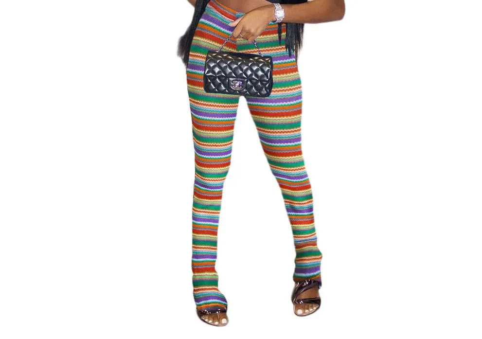 Color Striped Knit Hollow Jacquard Flared Pants
