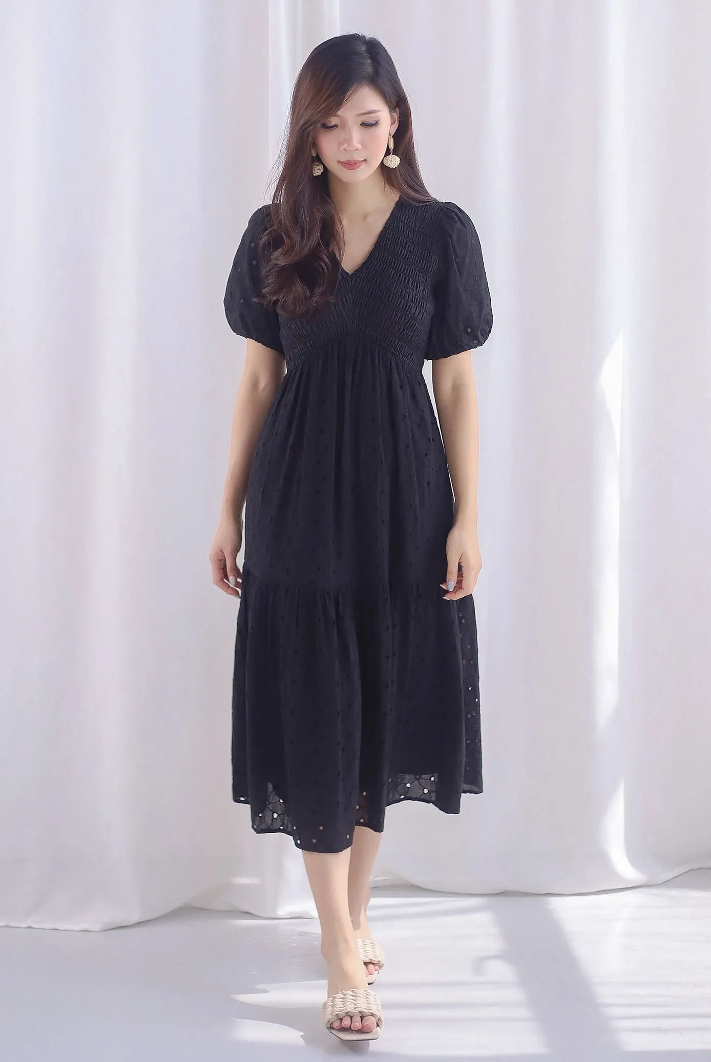 Coraline Eyelet Smocked Empire Dress In Black