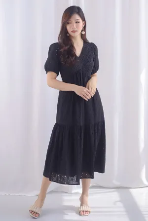 Coraline Eyelet Smocked Empire Dress In Black
