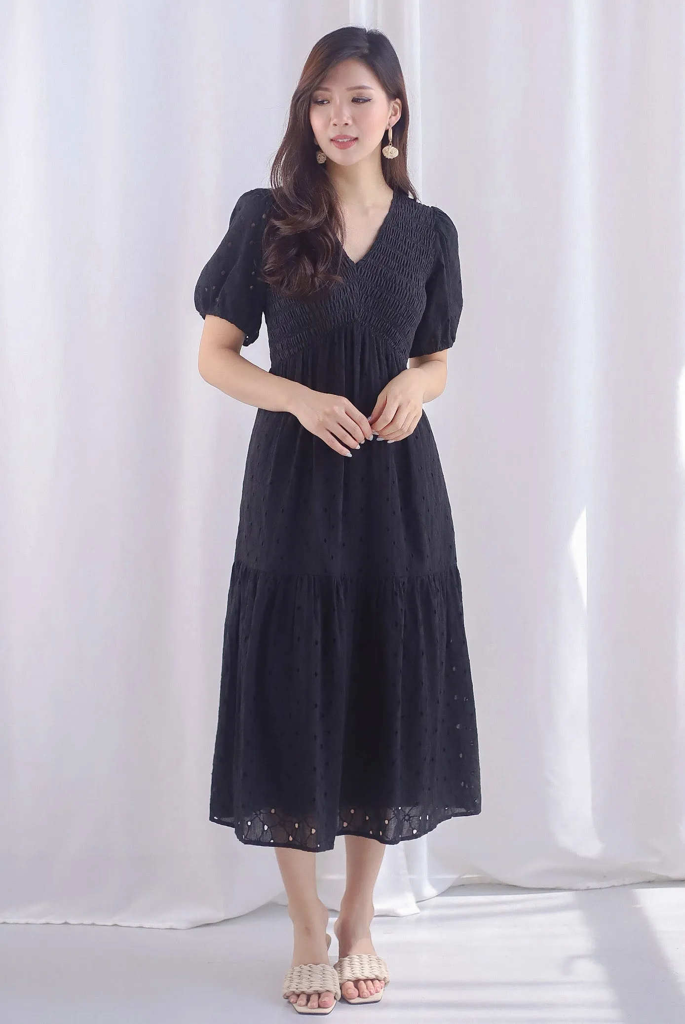 Coraline Eyelet Smocked Empire Dress In Black