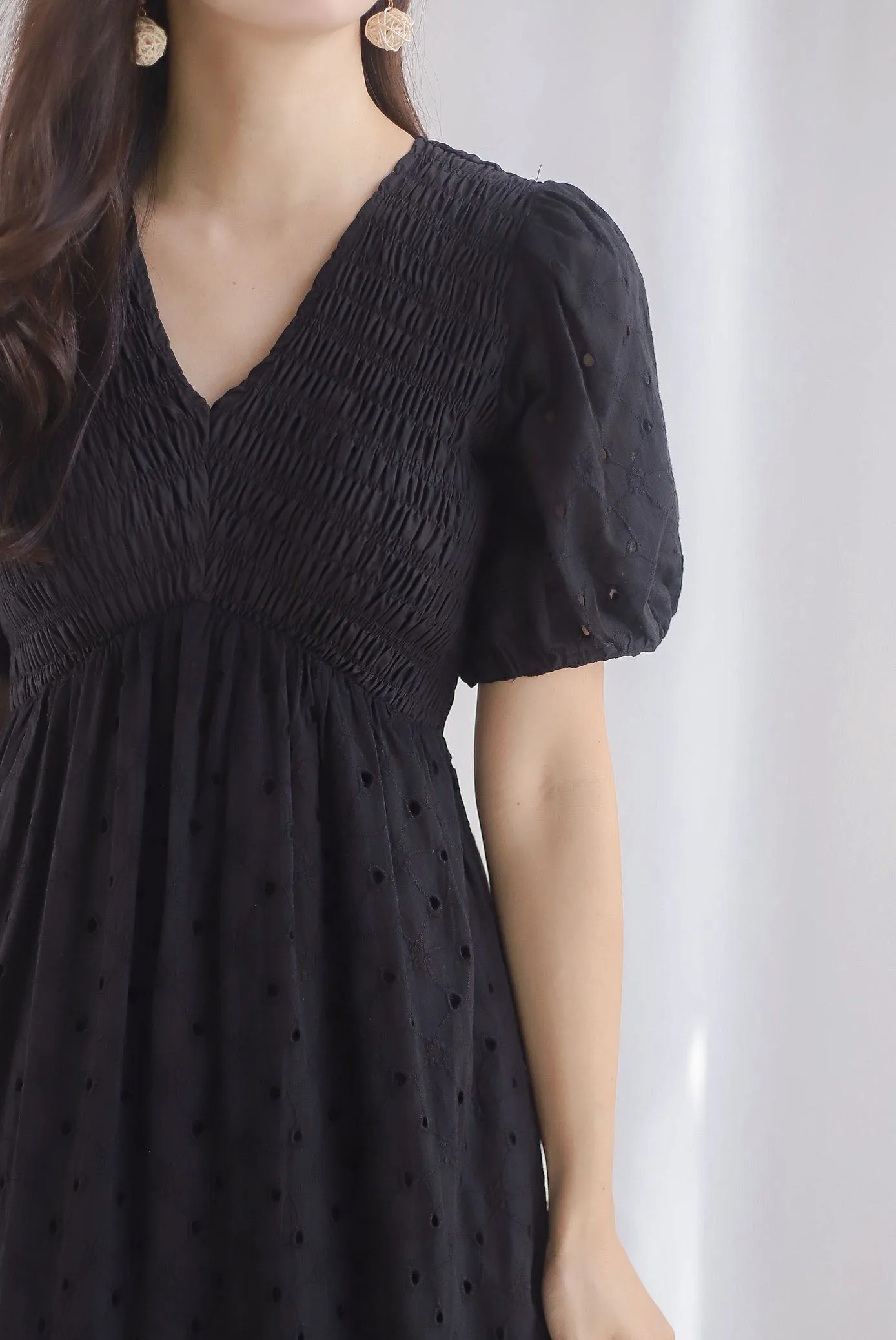 Coraline Eyelet Smocked Empire Dress In Black