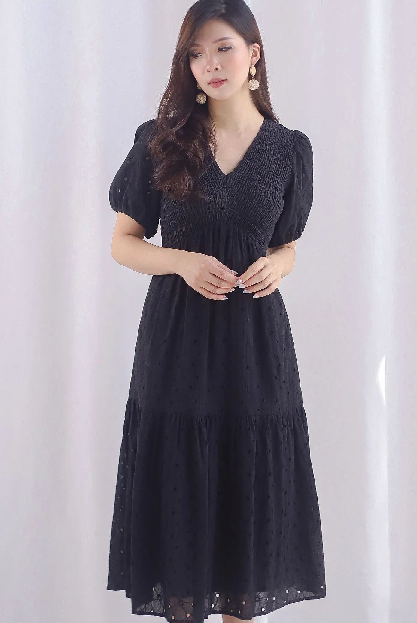 Coraline Eyelet Smocked Empire Dress In Black