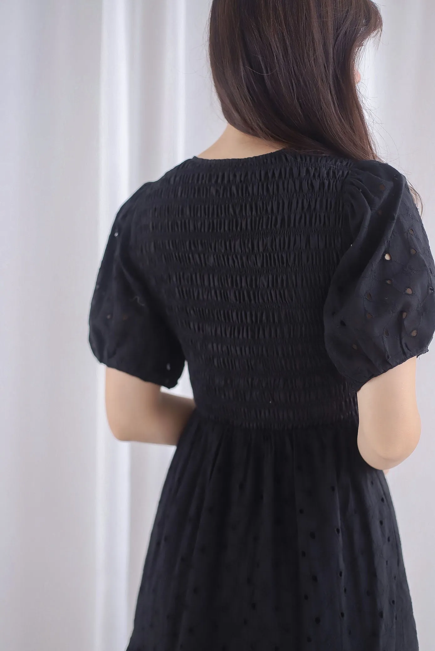 Coraline Eyelet Smocked Empire Dress In Black