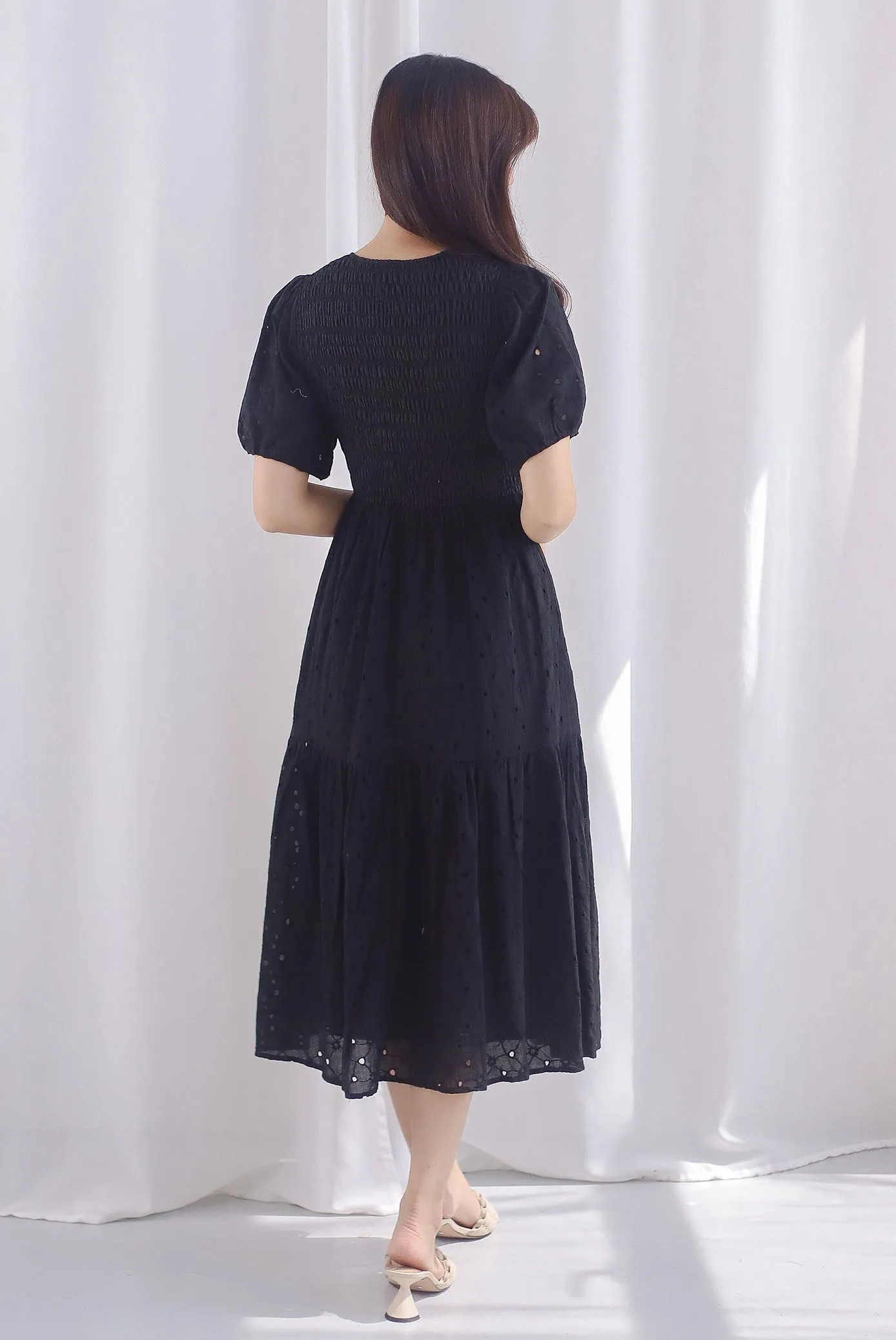 Coraline Eyelet Smocked Empire Dress In Black