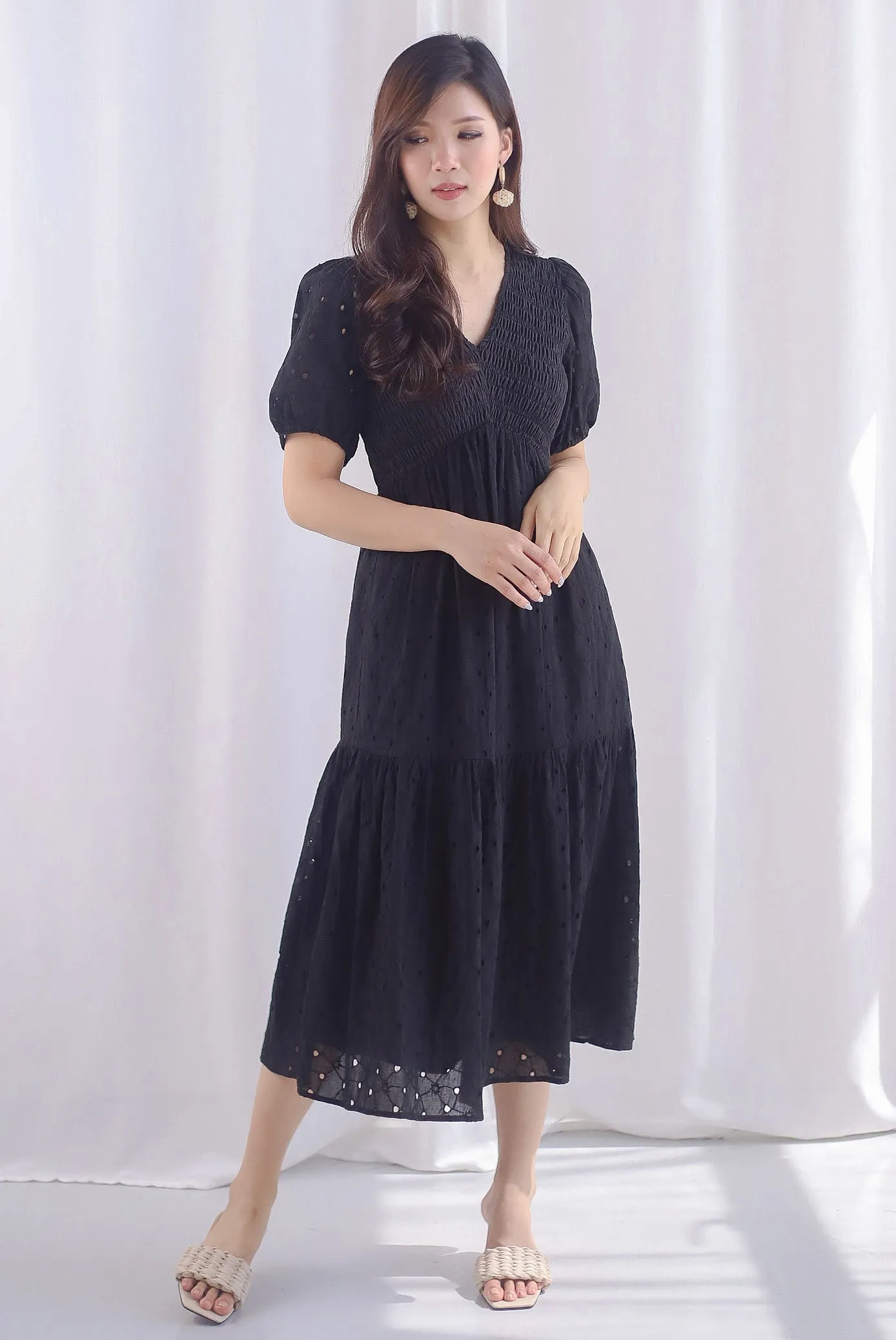 Coraline Eyelet Smocked Empire Dress In Black