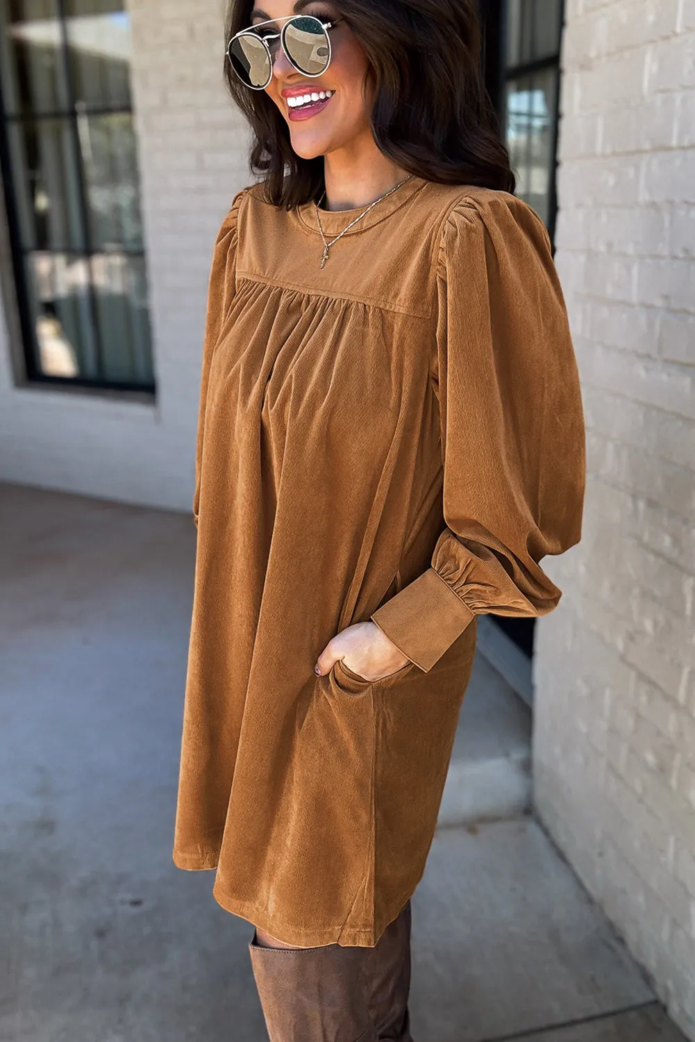 Corduroy Shift Dress with Pleated Puff Sleeves