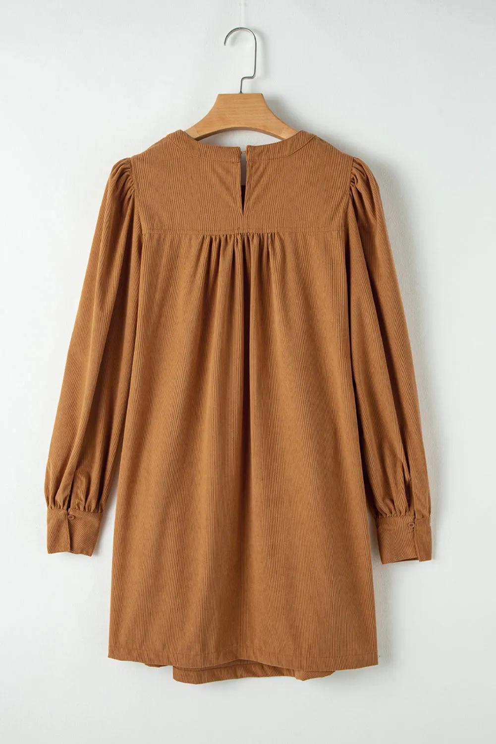 Corduroy Shift Dress with Pleated Puff Sleeves