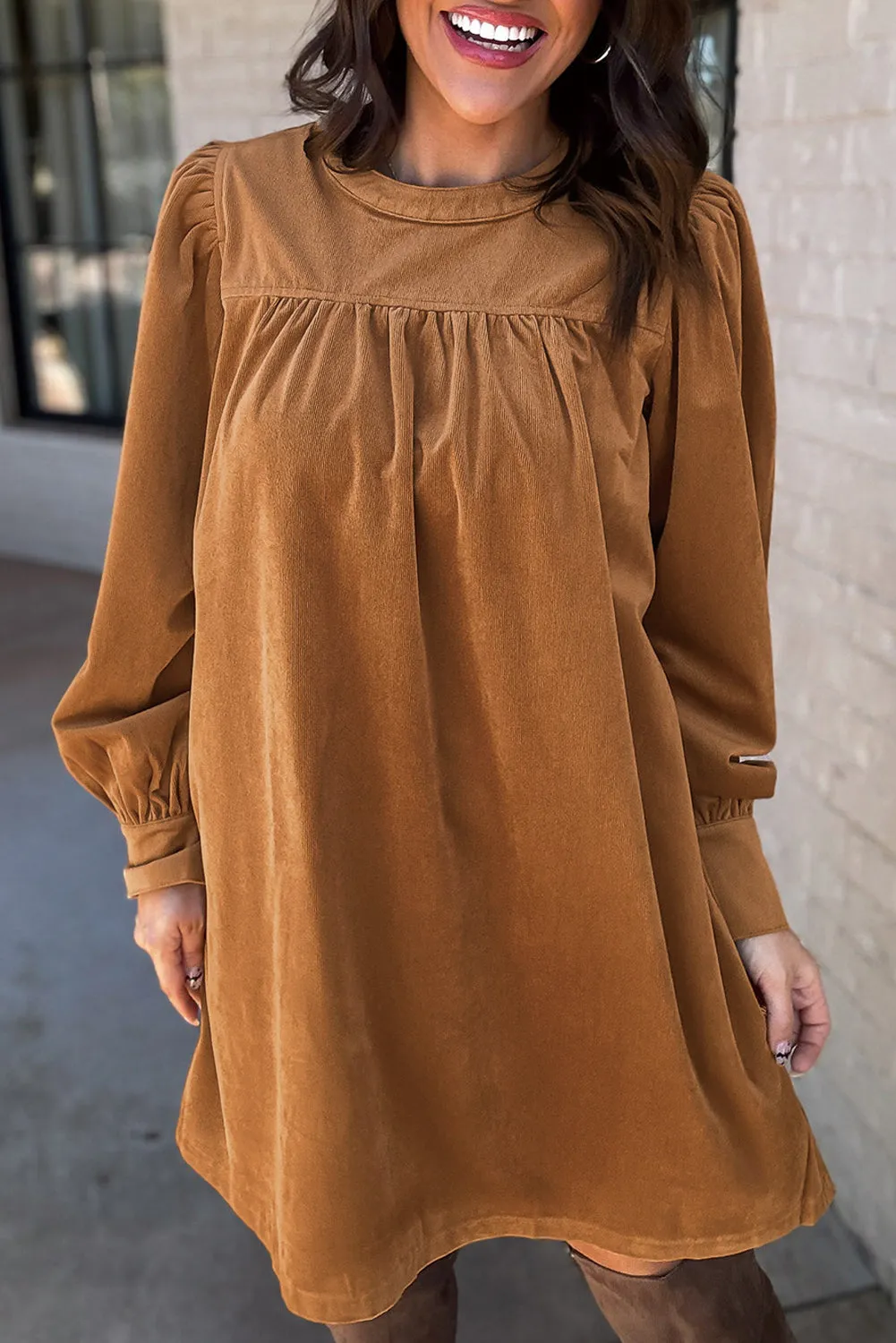 Corduroy Shift Dress with Pleated Puff Sleeves