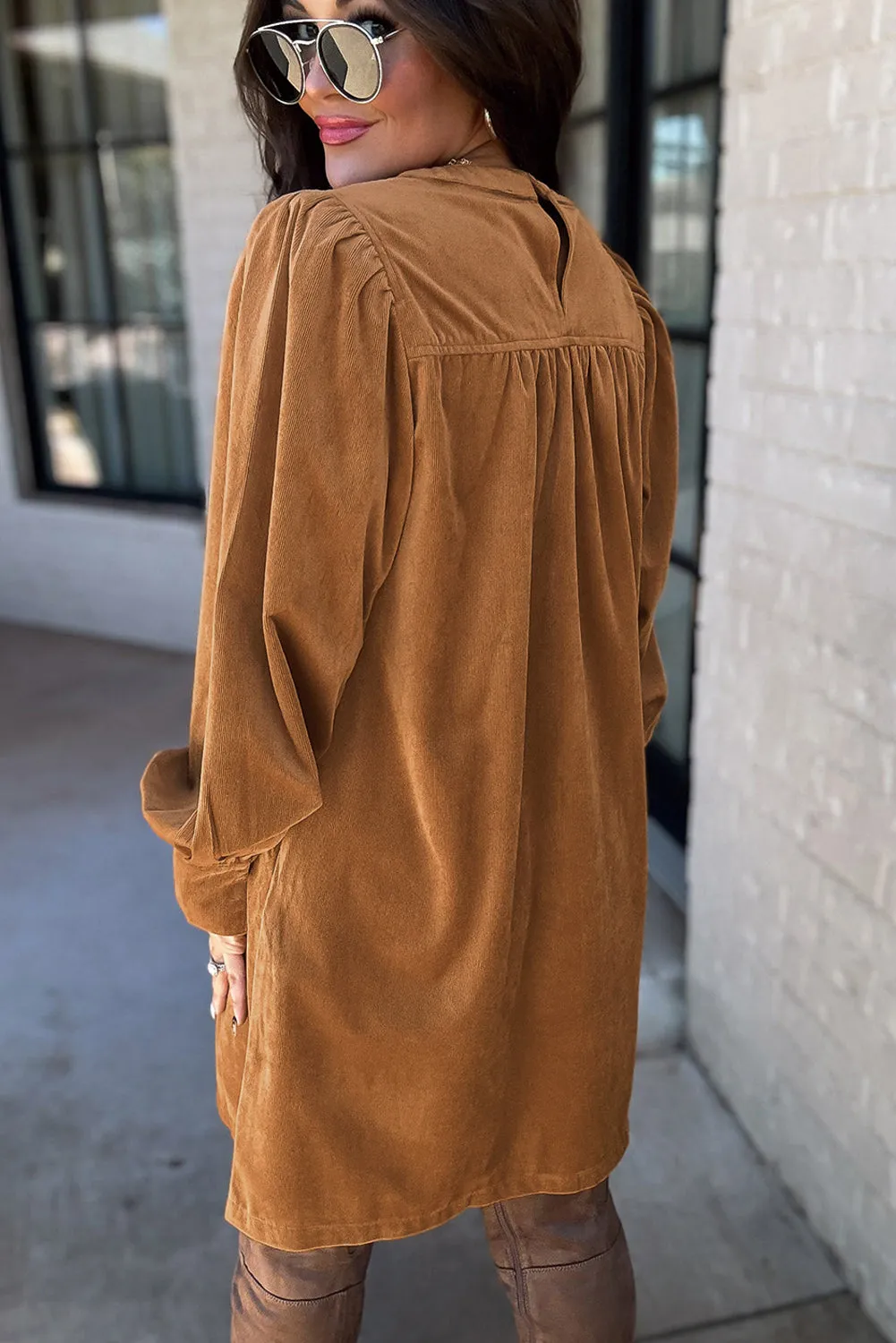Corduroy Shift Dress with Pleated Puff Sleeves