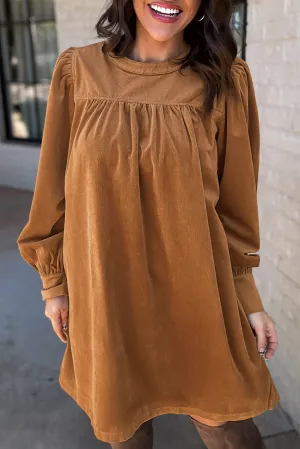 Corduroy Shift Dress with Pleated Puff Sleeves