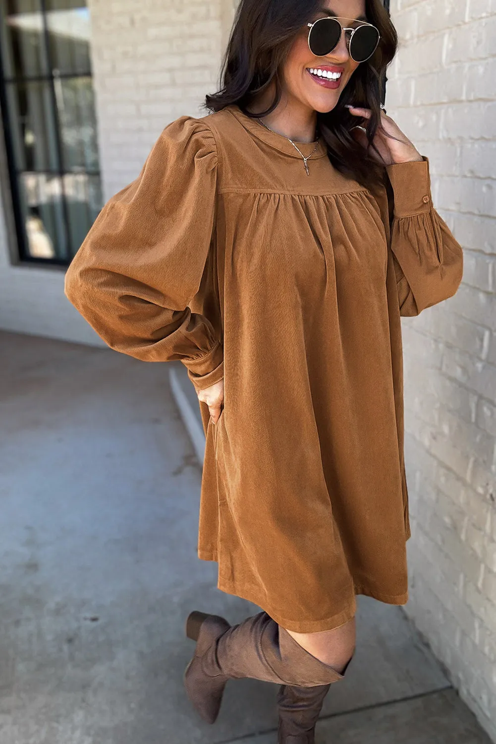 Corduroy Shift Dress with Pleated Puff Sleeves