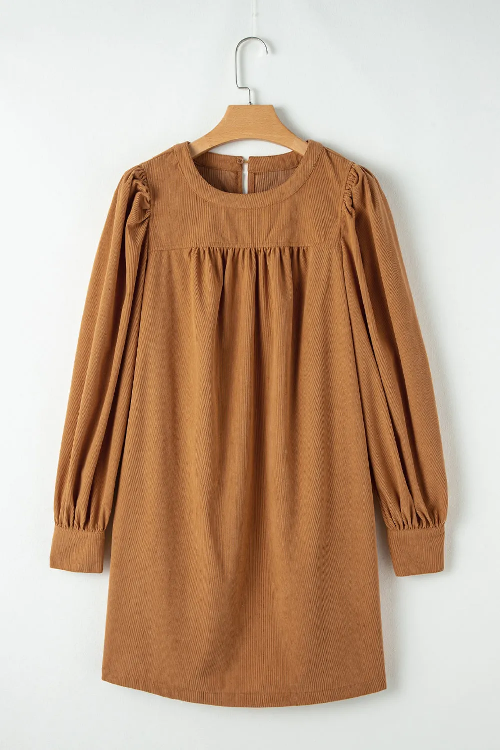 Corduroy Shift Dress with Pleated Puff Sleeves
