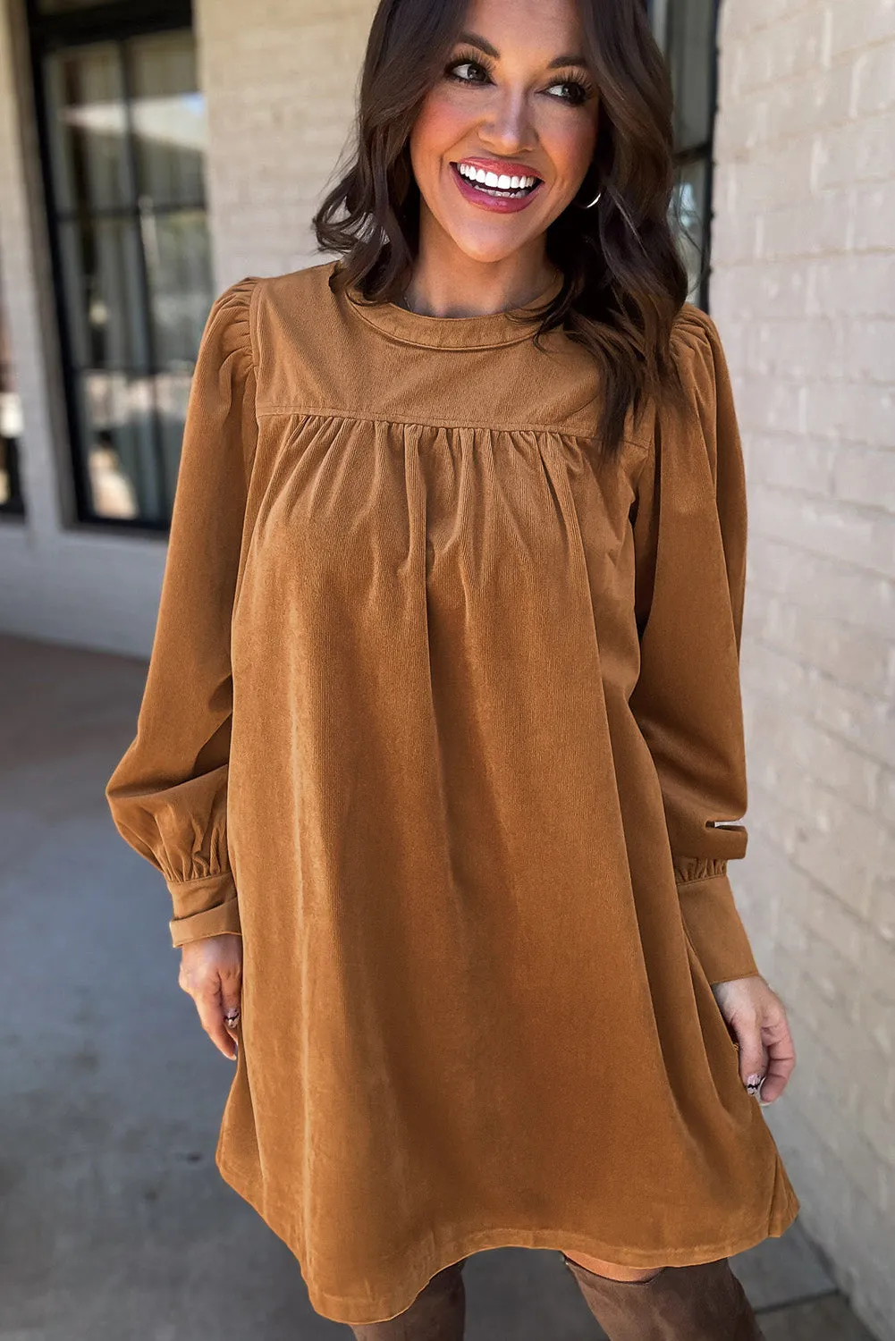 Corduroy Shift Dress with Pleated Puff Sleeves