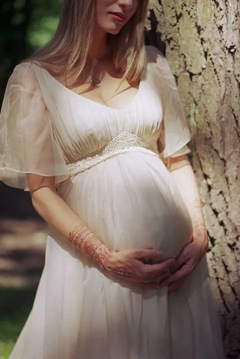 Country V-neck Short Sleeve Lace Pleated Maternity Wedding Dress-715521
