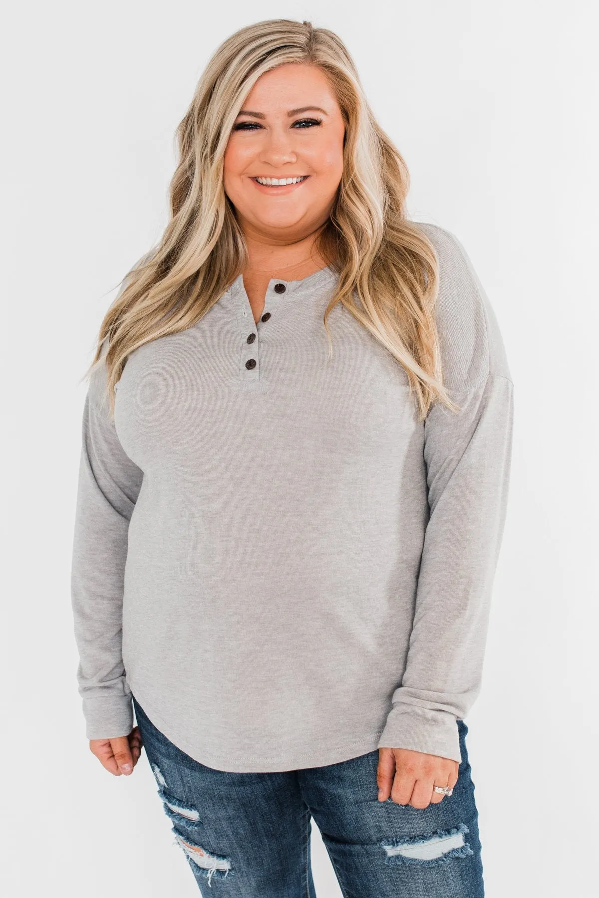 Cozy & Warm 4 Button Henley Top- Heather Gray